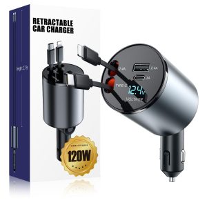 Retractable Car Charger 120W, 4 In 1 Super Fast Charge Car Phone Charger, Ret…