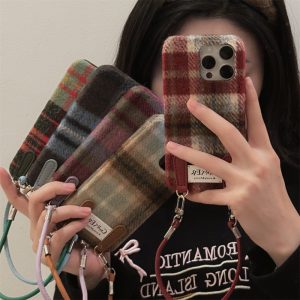 Flannel Contrast Color Check Carrying Strap Wrist Strap Phone Case