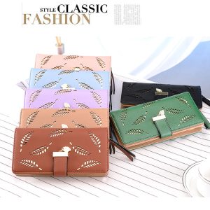 Women’s Fashion Long Wallet Clutch – Elegant Hollow Out Leaf Design Zipper Closure Wristlet Handbag With Card Slots & Phone Compartment, Trendy Evening Purse For Ladies & Girls