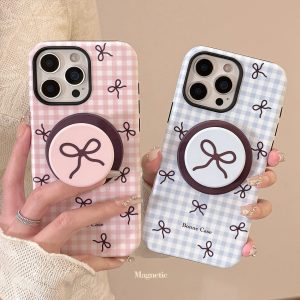 Plaid Bowknot Magnetic Stand Phone Case