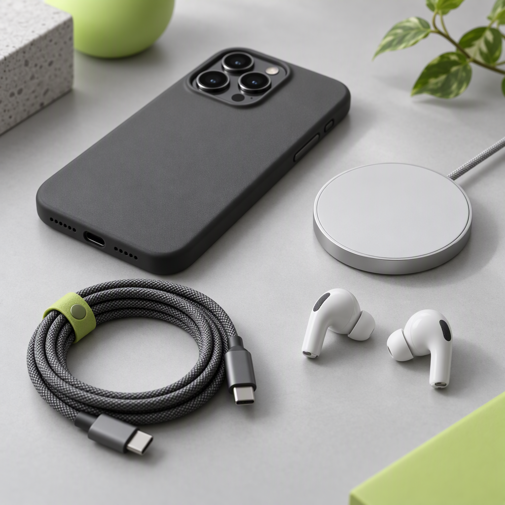 Phone accessories arranged on a bright modern desk